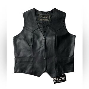 ATL Genuine Leather Black Biker Vest size M Snap Button NWT
